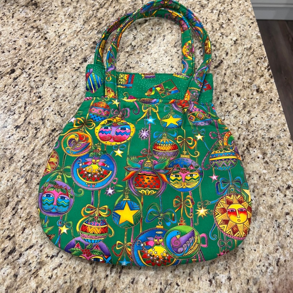 Handmade Christmas Ornament Cat Bird Green Quilted Tote Bag 3 Pockets Holiday